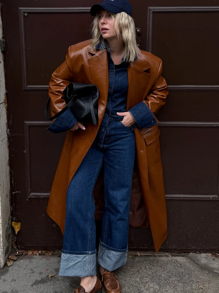 Women Faux Leathermid‑long Trench Jacket Notched Lapel Collar Drop‑shoulder Outerwear Spring Autumn Street Daily Retro Outfit