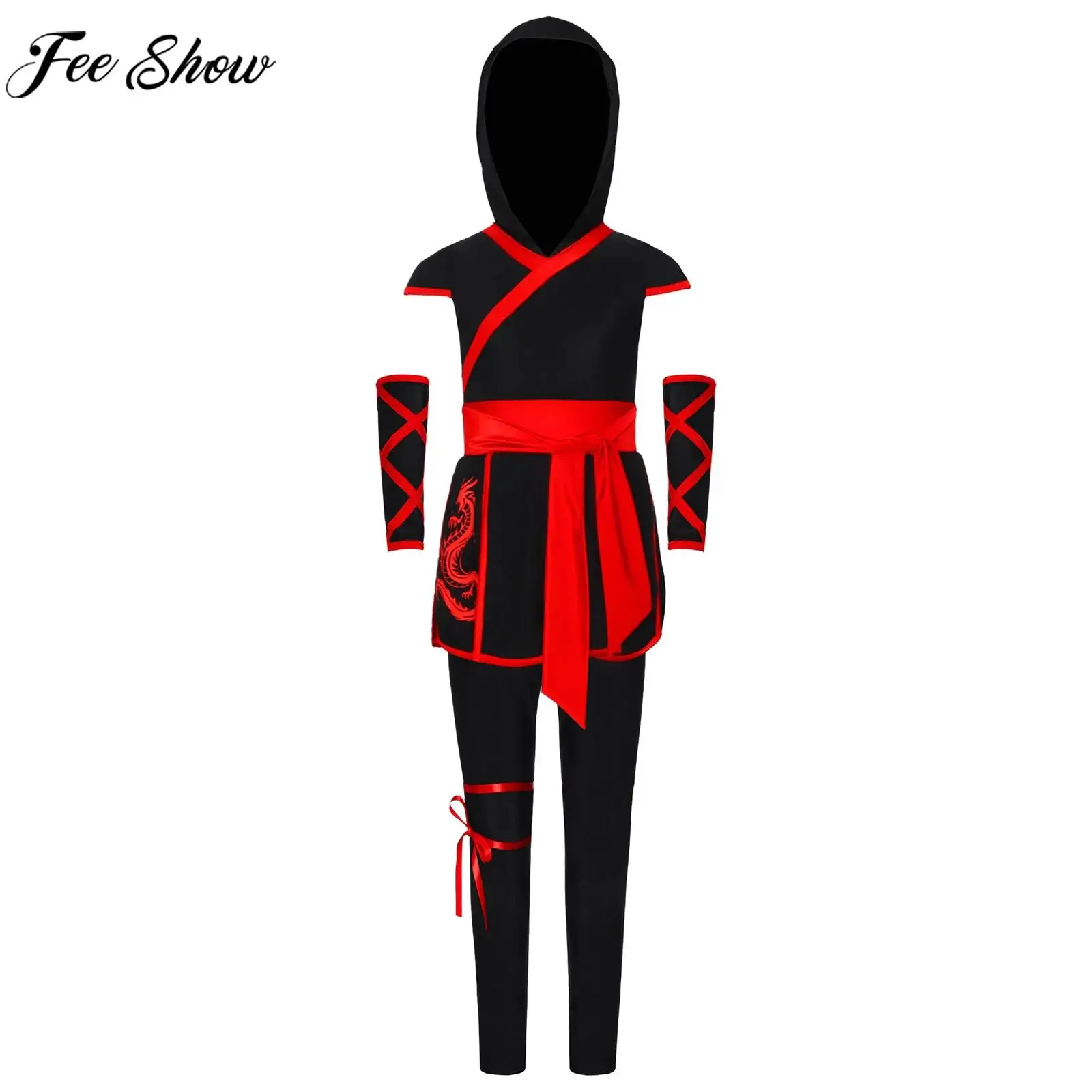 

Children Japanese Ninja Cosplay Costume Cap Sleeve Sash Hooded Top with Gloves Pants for Halloween Theme Party carnival Dress Up
