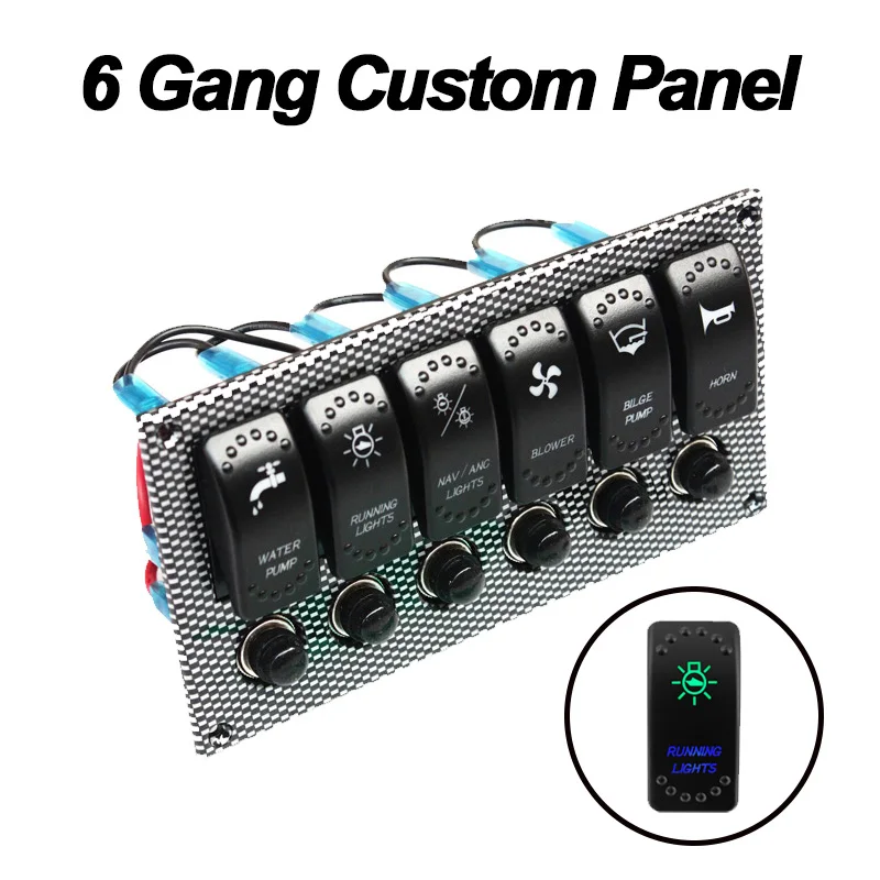 

6 Gang 12V-24V Customized Rocker Switch Panel Green / Blue Led With Breakers for Truck RV Camper Bus Marine Boat, Multi-Logos