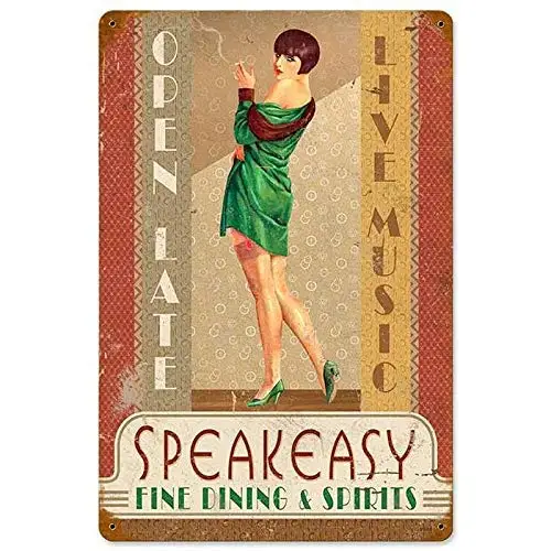 Metal Tin Sign Vintage Chic Art Decoration Speakeasy Flapper Pinup Girl for Bar Cafe Home Farm Office Restaurant Club or Garage
