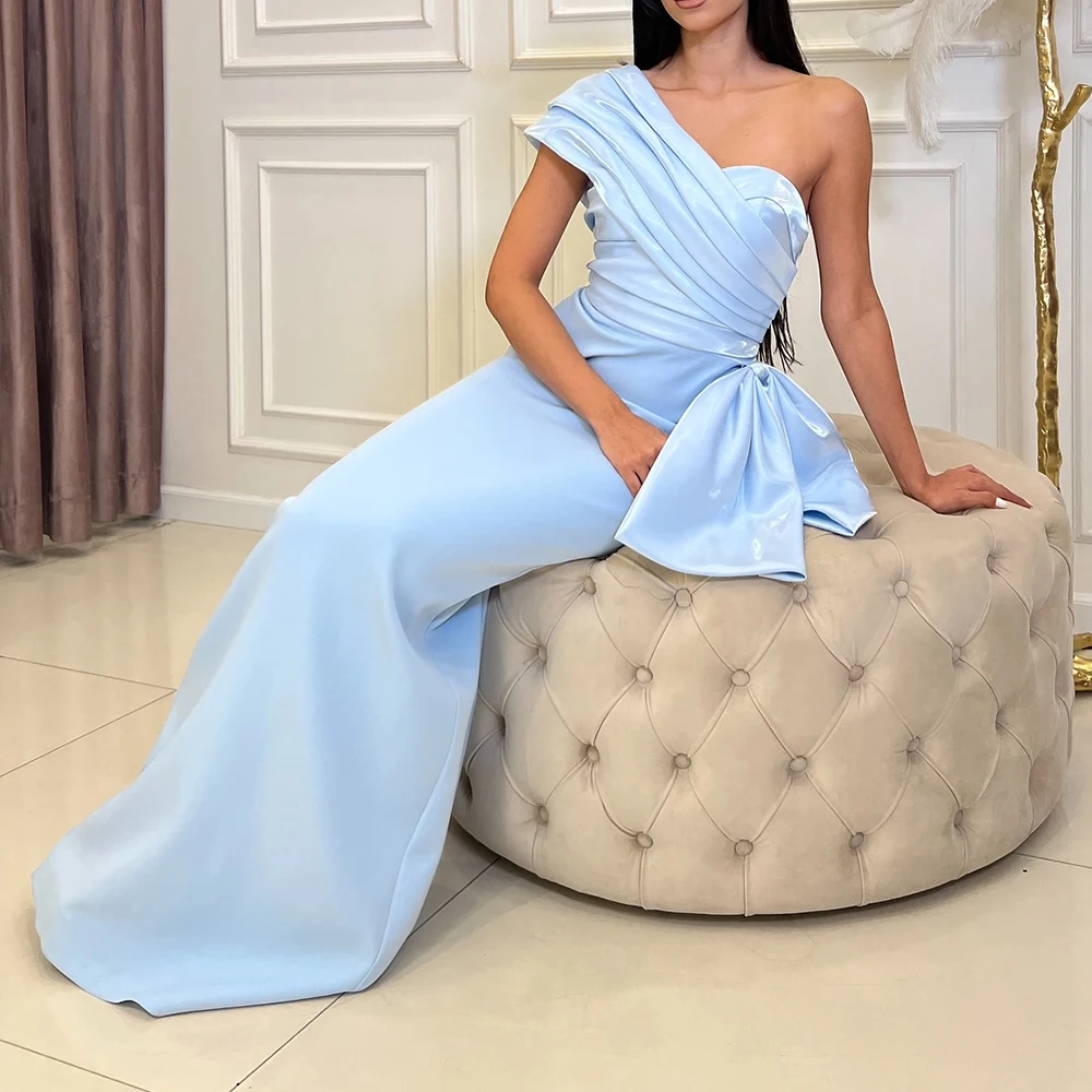 Straight Sweetheart One Shoulder Satin Sleeveless Light Blue Classic and Graceful Evening Dresses Bow Pleats Saudi Arabia 2024