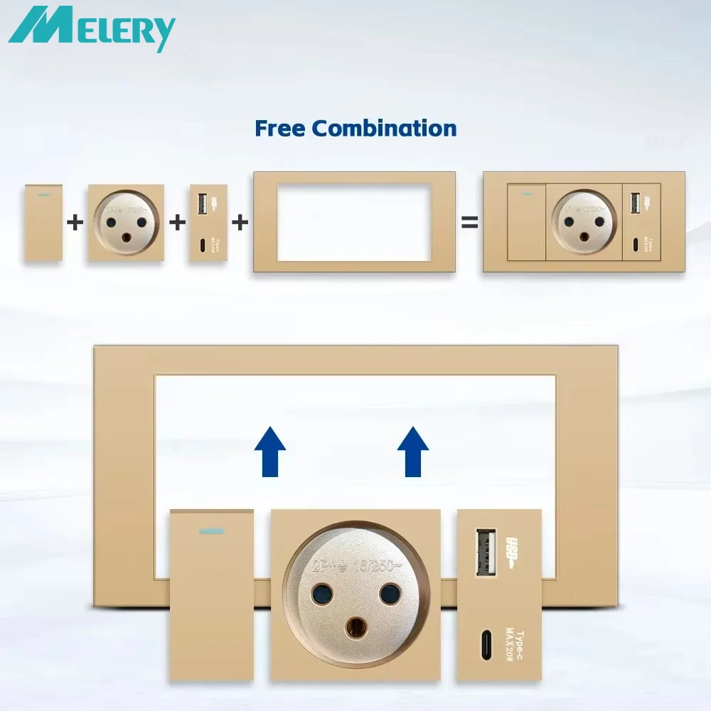 

Электрические розетки Melery Israel Умный выключатель света USB TypeC Быстрая зарядка Огнестойкая Золотая панель SC31 145 мм Телевизор Tel CAT5 и 6