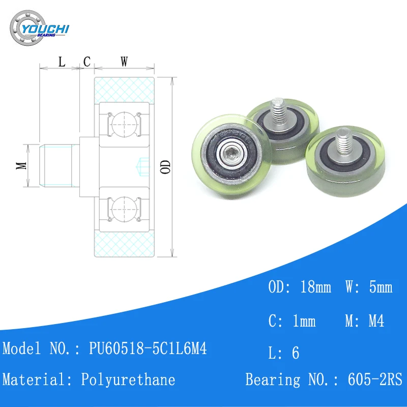 

5pcs OD 18mm PU Externally Threaded Roller With 605RS Bearing PU60518-5C1L6M4 Polyurethane Bearing 18mm Rubber Mute Pulley Wheel