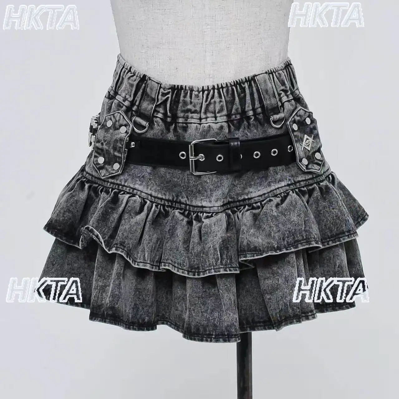 

Japanese Subculture Cake Pleated Skirt Women Girls Punk Dark Cool Belt Leather Skirt Elegant Ladies Y2k Short Denim Skirts New
