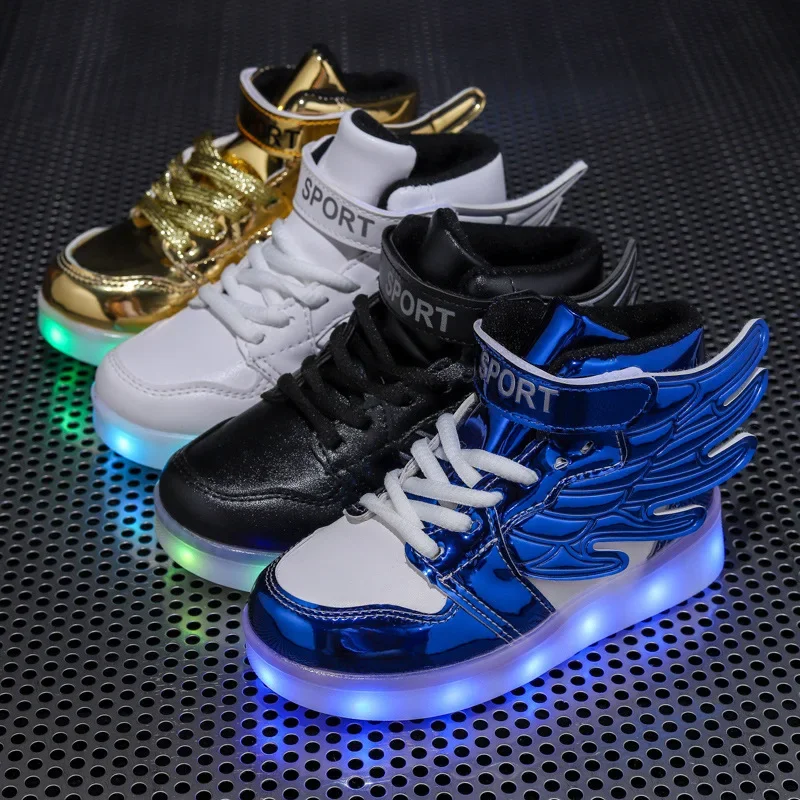 USB Charge Illuminated Shoes Kid Sneakers LED Flash Wing Casual Board Shoes Sport Walking Trainers Boys and Girls Luminous Shoes