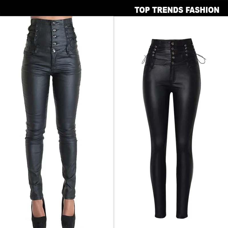 

Women's Pants High Waisted Buckle Strap Decorative Coating Imitation Leather Pants Elastic Denim Leggings PU Trousers Women