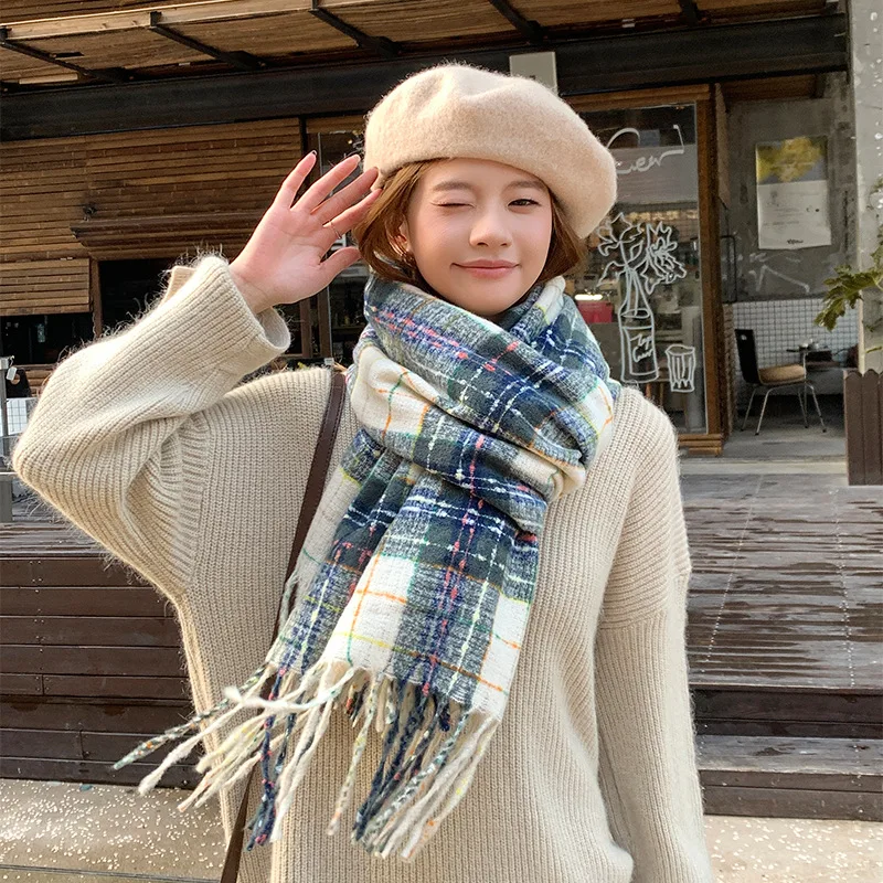 

Women Scarf Cashmere Like Korean Style Checkered Warm Shawl Neck Warmer Versatile for Autumn Winter Daily Use Cute Student​