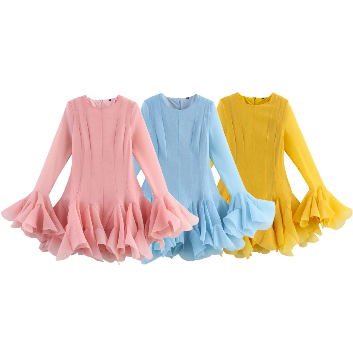 2026 Spring New Women's Dress, Round Neck Sheer Multi-Layer Ruffle Flare Sleeve Waist-Tight Mini Dress, Sweet & Stylish
