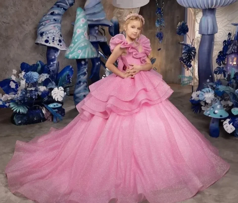 

Pink Shiny Princess Flower Girl Dress Sexy Sleeveless Wedding Gown Kids Birthday Party Pageant Ball Gown Dresses Costumes