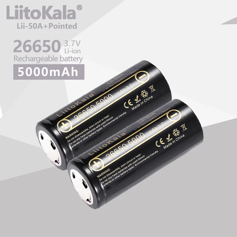 2PCS LiitoKala High Capacity 26650 5000mah Li-ion Rechargeable Battery Lii-50A 3.7v 26650-50A battery for Flashlight 20A