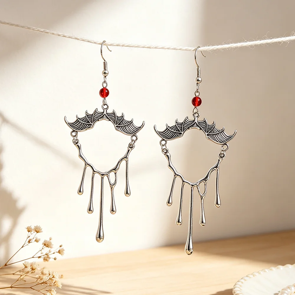 Dark style bat shaped long earrings, trendy and personalized accessories, eye-catching and versatile for daily wear - view 3