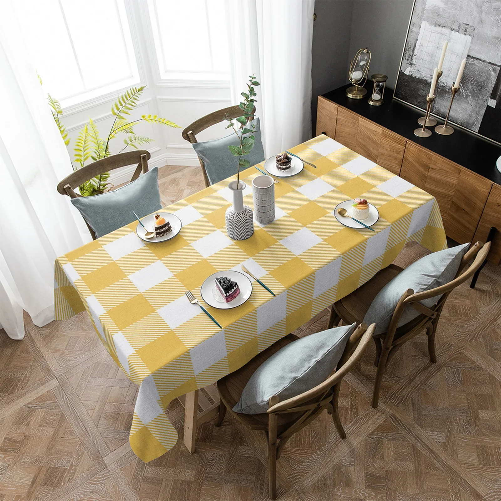 Yellow White Plaid Rectangle Tablecloth Party Decoration Waterproof Dining Table Round Tablecloths Kitchen Home Decoration