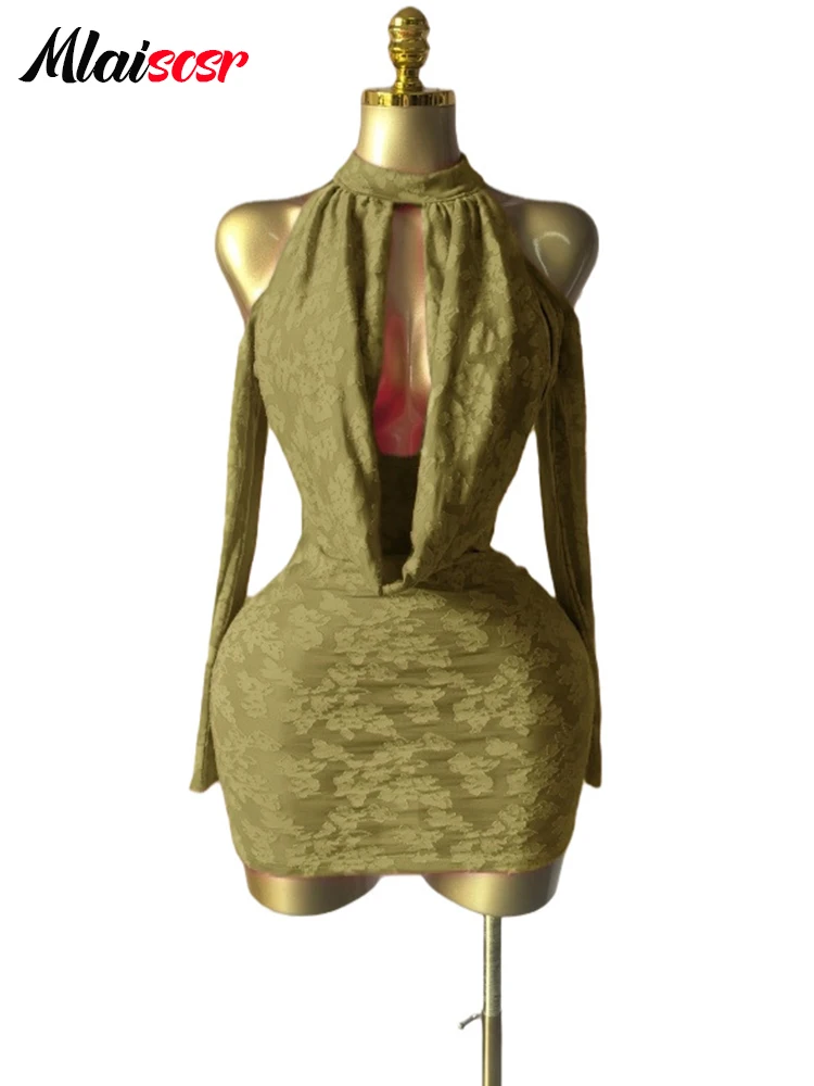 Mlaiscsr Print Hollow Out Long Sleeve Backless Bodycon Mini Dress Women Sexy Night Club Birthday Party Evening Gowns Vestidos