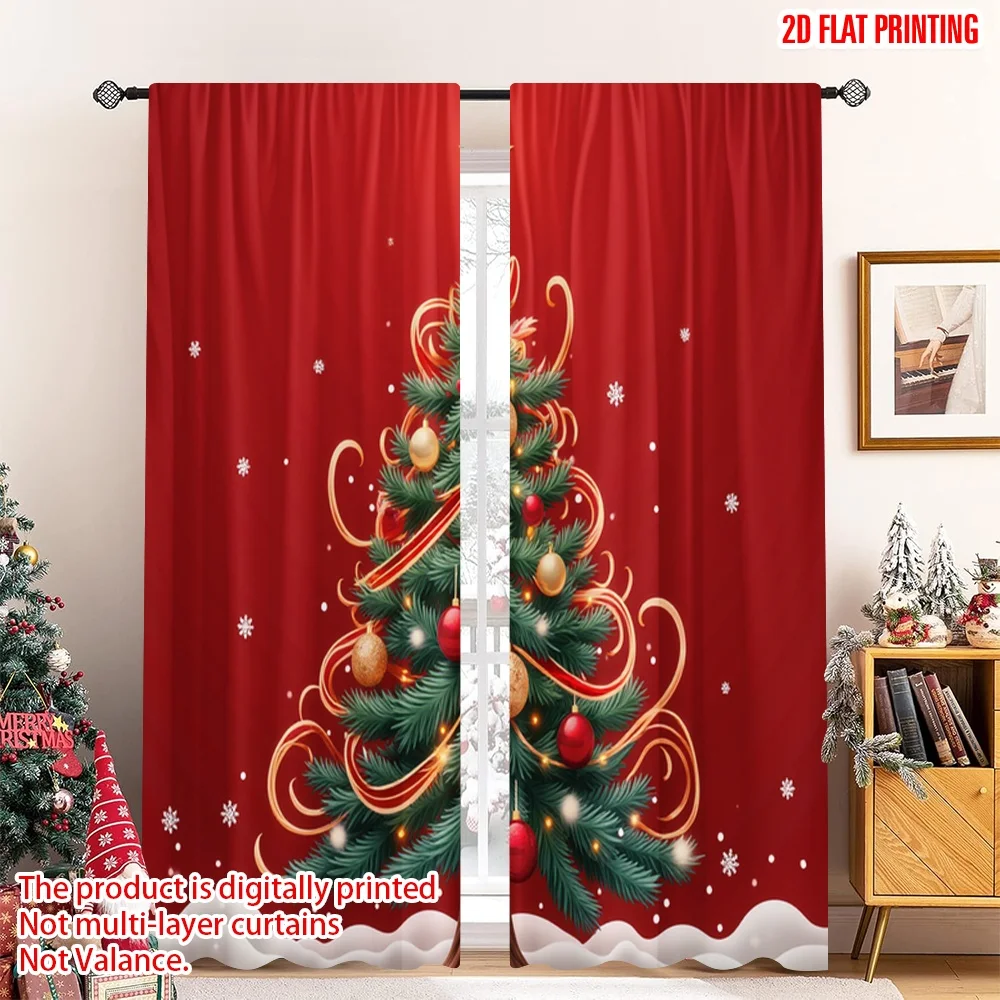 

2pcs 2D flat printing Merry Christmas Window Curtains Red Christmas Tree Ornaments_a Polyester Without Electricity Spring for