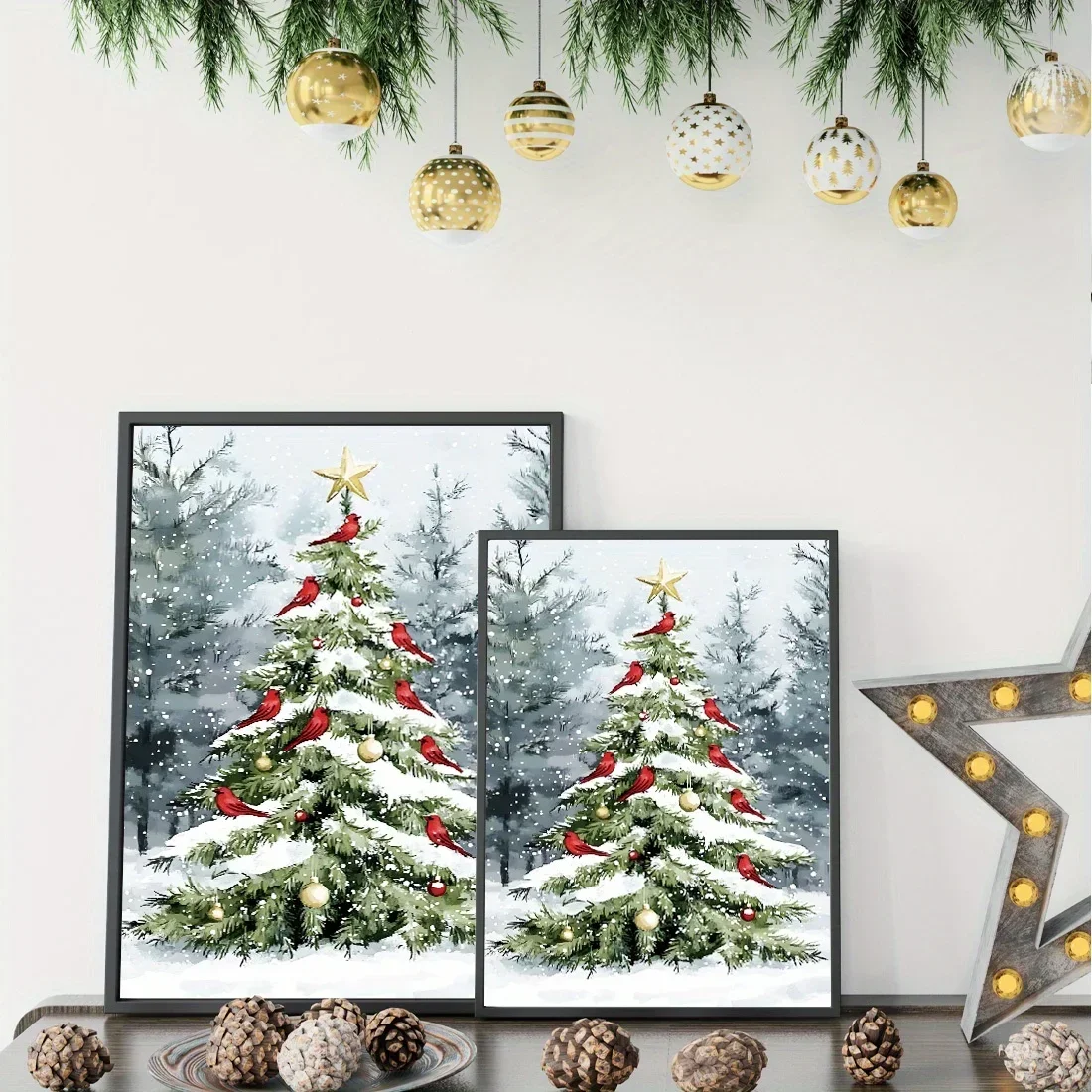 Kerstboom en kardinaal canvas kunstprint lichtbestendig woondecoratie geschikt voor woonkamer slaapkamer kantoor vakantiecadeau