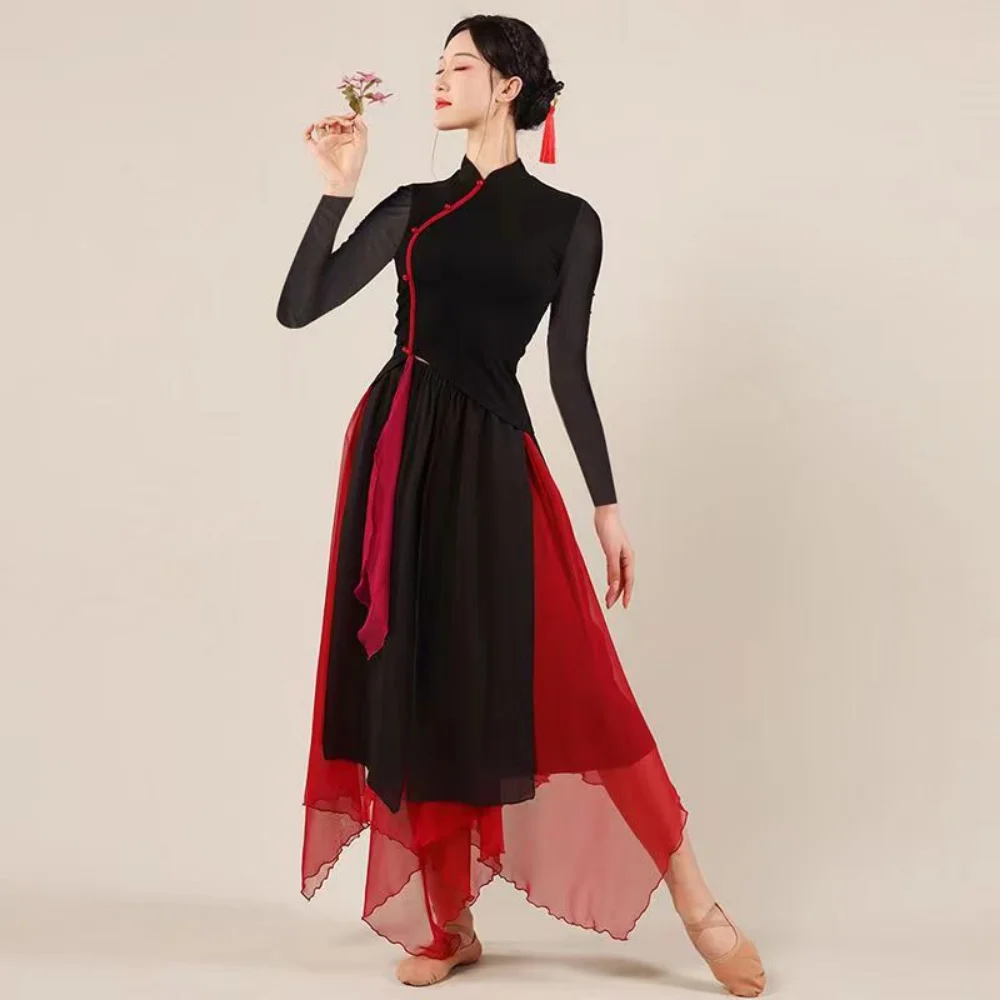 Fashion Women Chinese Folk Dance Costumes Stage Performance Clothes Mid-Length Sleeve Split Dress Chinese Dance Costumes