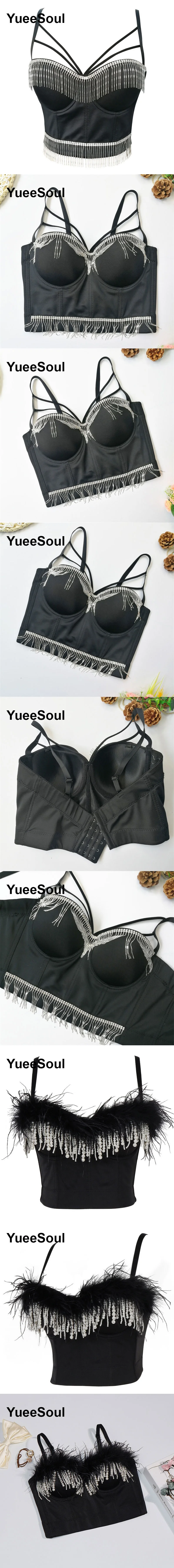 Black Y2K Tops White Rhinestone Sequins Tassel Slim Crop Top New Gothic Party Club Wedding High Street Sexy Corset Top Camis