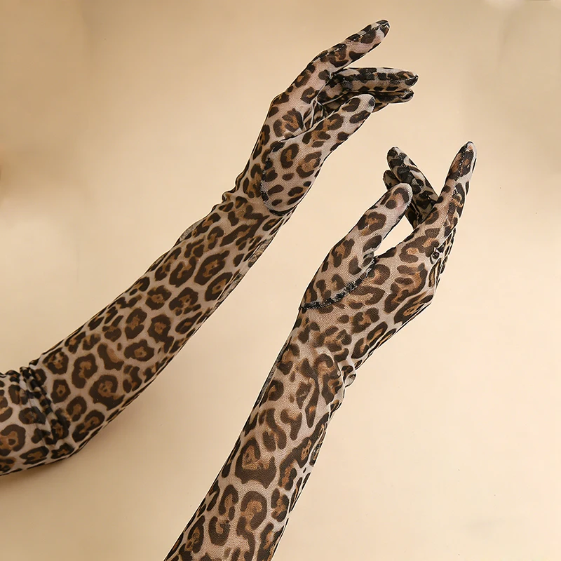 55cm Women Leopard Print Long Thin Mesh Gloves Party Halloween Cosplay Stretch Music Festival Stage Performance Breathable Soft