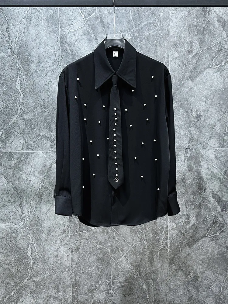 Korean Tie Shirt Men Design Pearl Decoration Loose Casual Drape Shirt Long Sleeve Casual Banquet Party Stage Performance Shirts