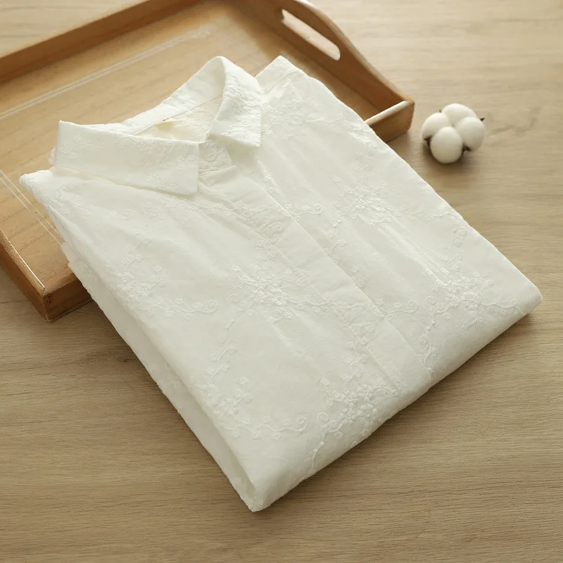 جديد 2025 الخريف قميص قطني بكم طويل ، المرأة بدوره إلى أسفل طوق التطريز ، موري فتاة تنوعا بلوزة فضفاضة غير رسمية T58849CC