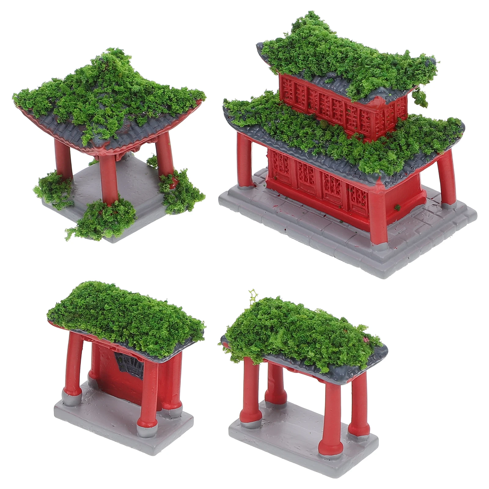 

4pcs Ancient Building Pavilion Bridge Rockery Resin Shinto Temple Decor Durable Miniature Garden Accessories Moss Landscaping