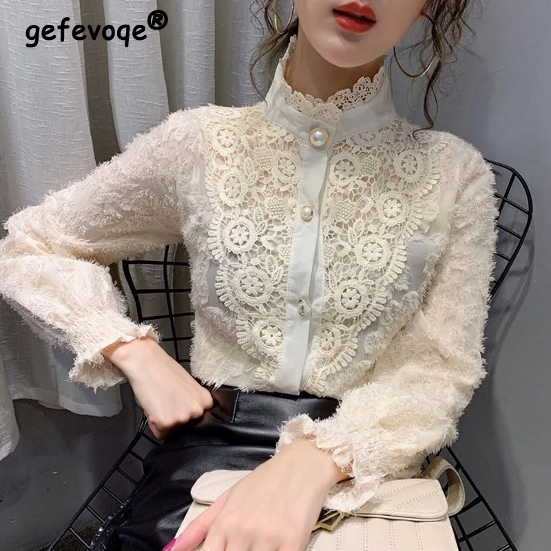 Women Korean Fashion Sexy Lace Beaded Button Shirts Vintage Elegant Stand Collar Blouse Black White Long Sleeve Slim Tops Blusas