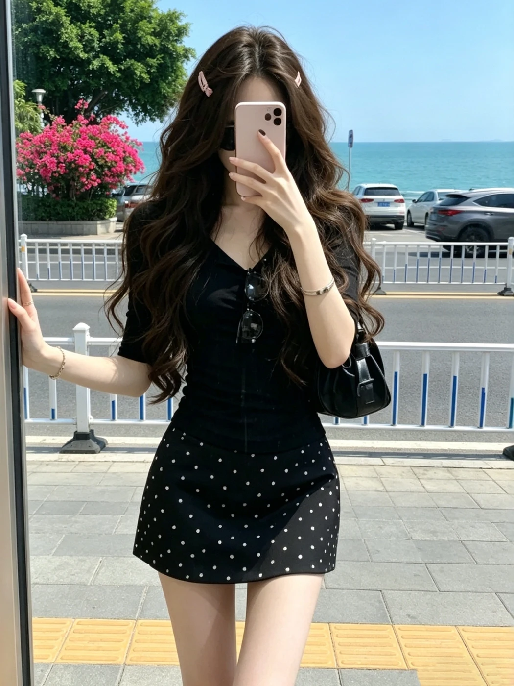 

Summer Slimming Black Top And Polka Dot Skirt Two Piece Set Women's Luxury Style V Neck mid Sleeve T Shirt Ensemble