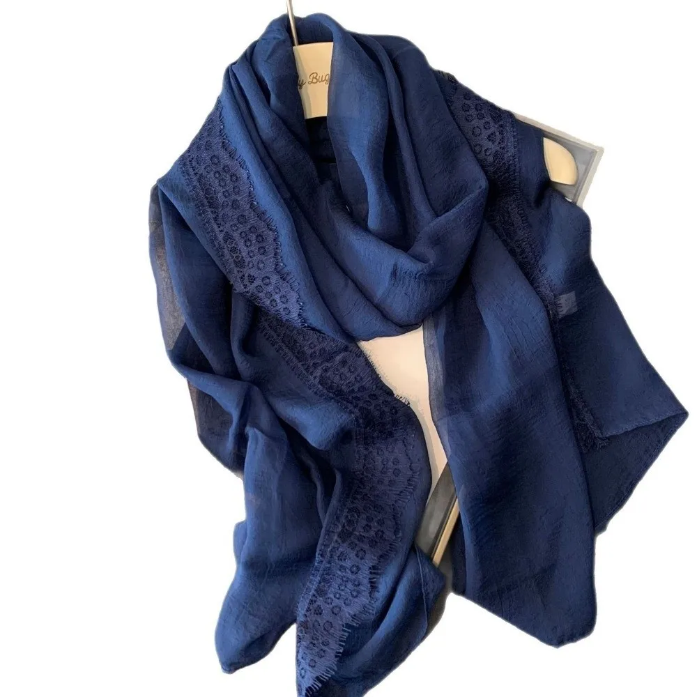 Fashion Solid Color Lace Splicing Scarf Lace Trimmed Thin Chiffon Scarf Sun Protection Breathable Beach Shawl Wraps