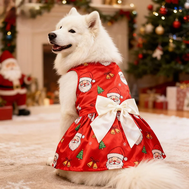 Robe de Noël classique rouge et noire pour grand chien avec imprimé mignon Père Noël, cerises et flocons de neige, tenue jupe pour animaux de compagnie pour fête festive