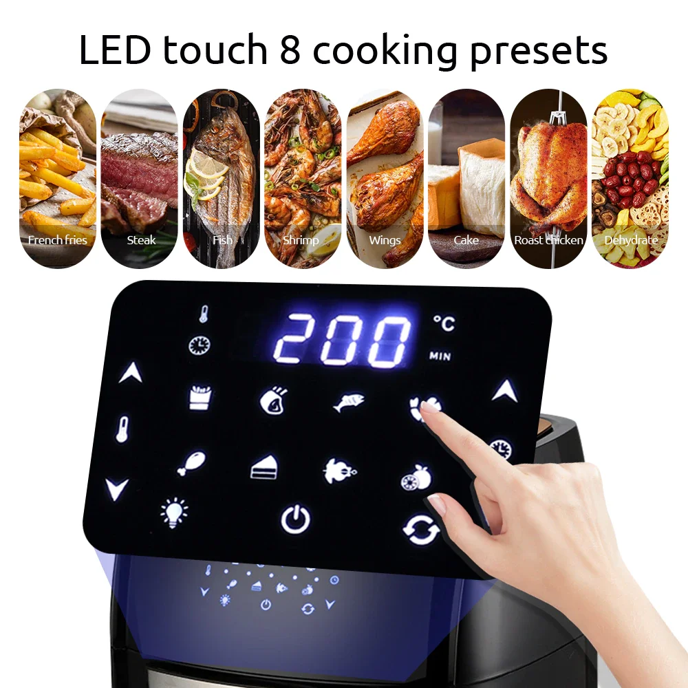 12L Electric Air Fryer Oven Rotisserie Dehydrator 360°Baking LED Touchscreen Large Capacity 5in1Chicken Frying Machine