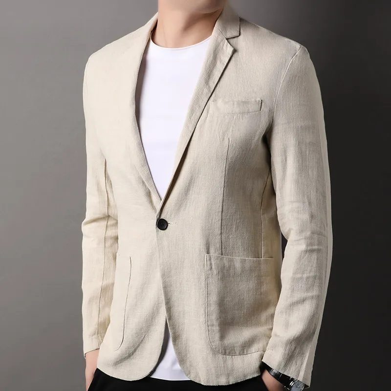 Spring and Summer New High Quality Men\'s Linen Suit Fashion Handsome Slim-fit All-in-one Trend Men\'s Coat 70% Ramie 30% Cotton