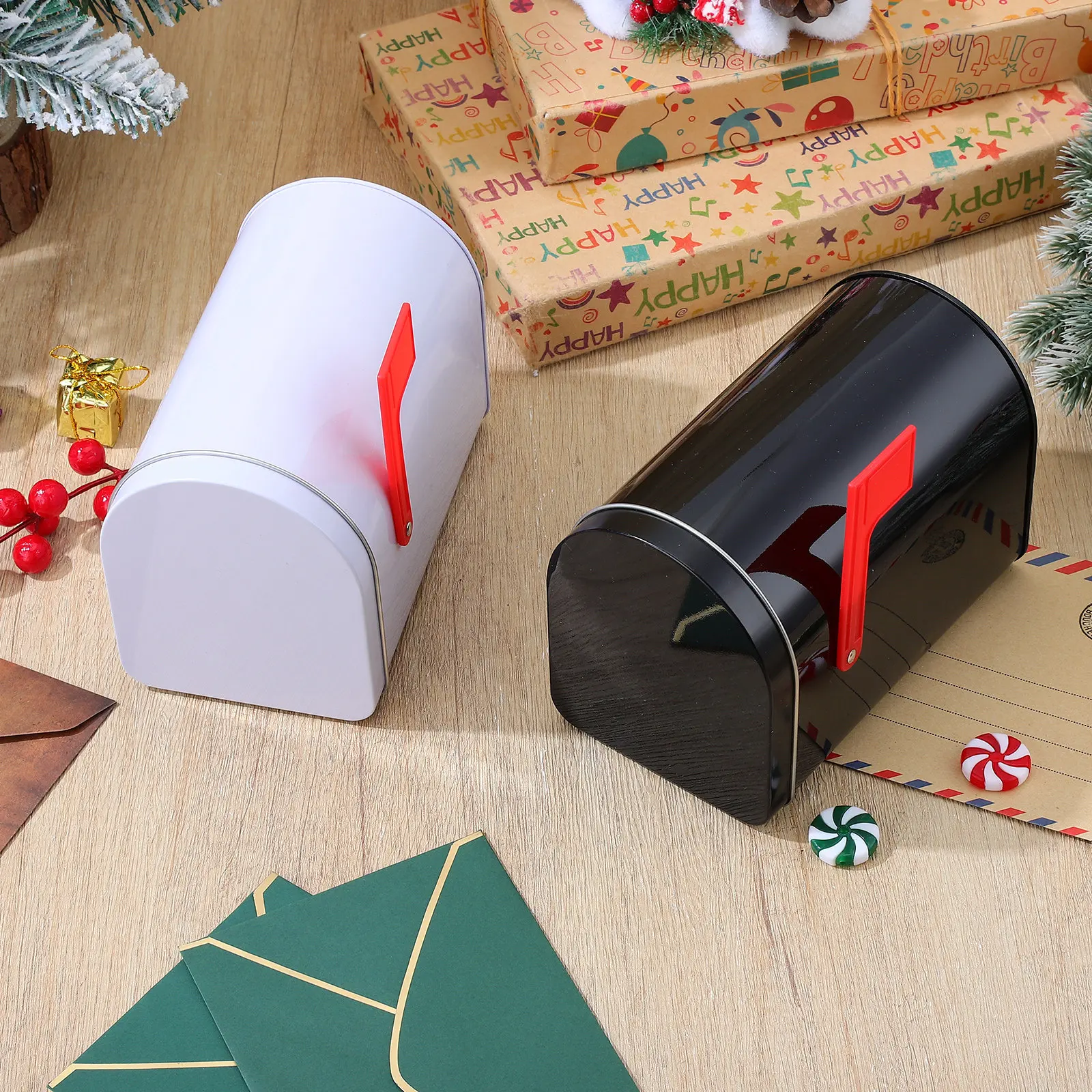 Tinplate Mailbox Candy Storage Boxes 2 Piece Set Holiday Decor Party Favor Keepsake Card Holders Home Office