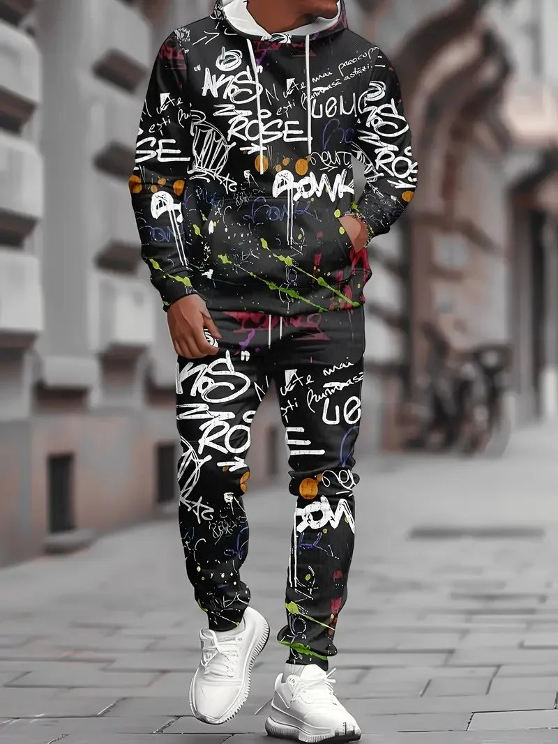 مجموعة القلنسوة الرجالية الجديدة لربيع وخريف 2025 هي طباعة كاجوال عصرية ناعمة ومريحة بنمط جرافيتي ثلاثي الأبعاد