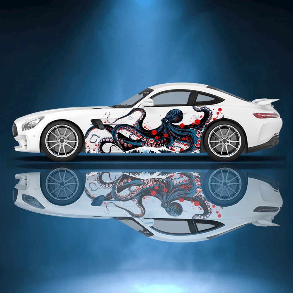 

Черно-красный всплеск с принтом осьминога, боковая наклейка для автомобиля, защитная декоративная наклейка, водонепроницаемая самоклеящаяся наклейка, автоаксессуары, оберточная крышка