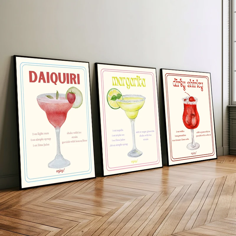 Retro Minimalist Classic Cocktails Martini Mojito Margarita Alcohol Poster Canvas Painting Wall Art Pictures Home Room Bar Decor