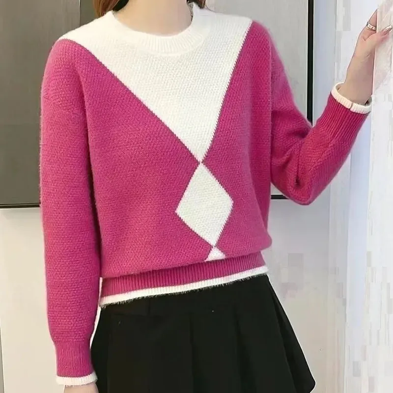 New Winter Fashion Colorblock Imitation Mink Fleece Round Neck Loose Versatile Commuter Women\'s Knitted Long Sleeve Sweater