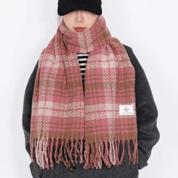 Pink Plaid Scarf for Women Luxury Brand Designer Winter Cashmere Thickened Keep Warm Pashmina with Tassel Fashion Shawl