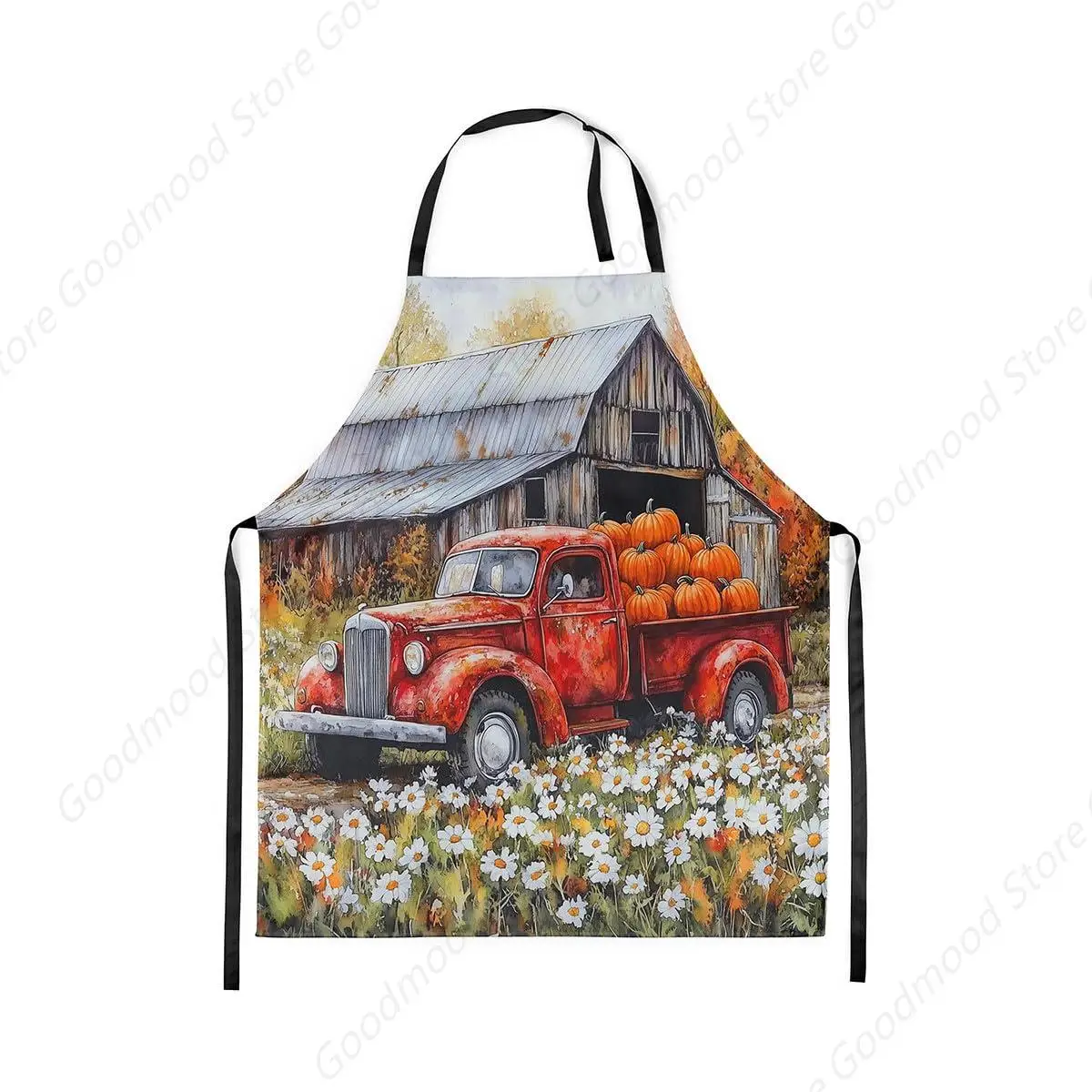 

Autumn Farmhouse Kitchen Apron Red Truck Orange Pumpkin Apron for Adults Watercolor Retro Daisy Rustic Style Waterproof Apron