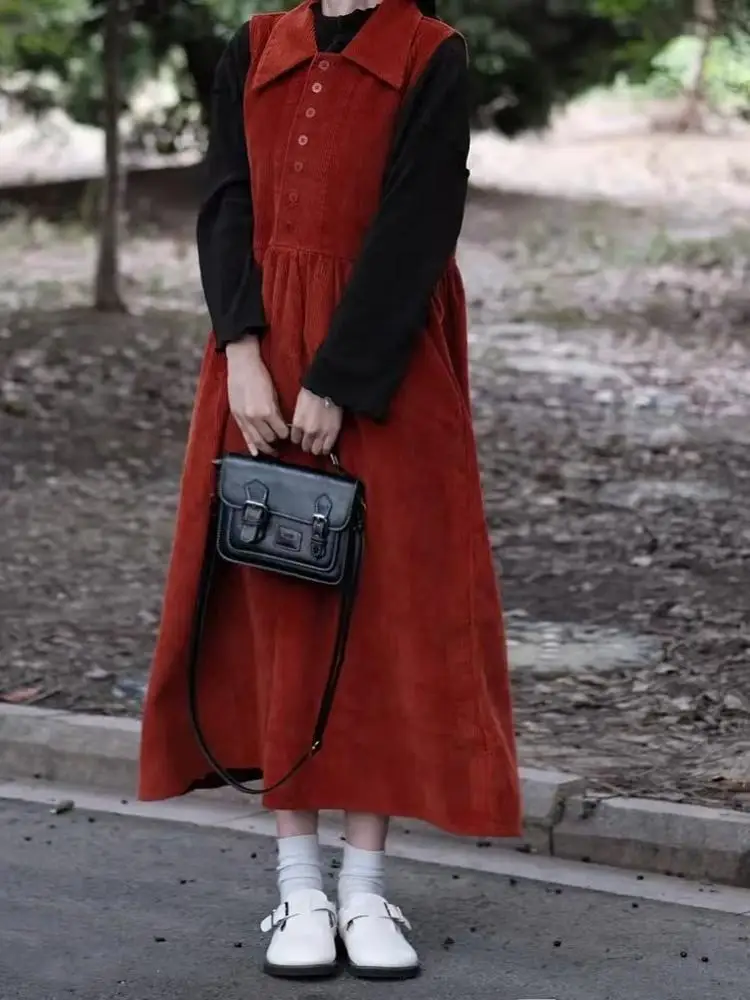 

Red Corduroy Vest Dr Vintage Doll Collar Svel Small Size High End Feeling Cotton Polyester Autumn Season Casual Sle