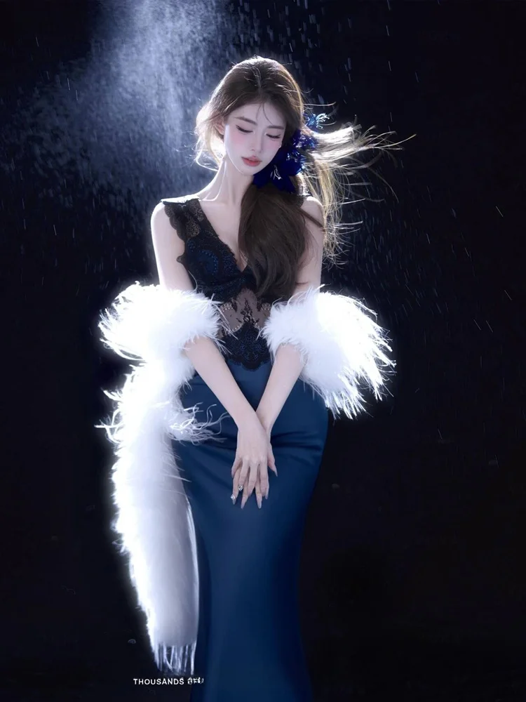 

Blue Bridge Flower Theme Fashionable Sexy Pure Desire Style Photography Costume New Arrival 2026 in Studio Personal Clothing