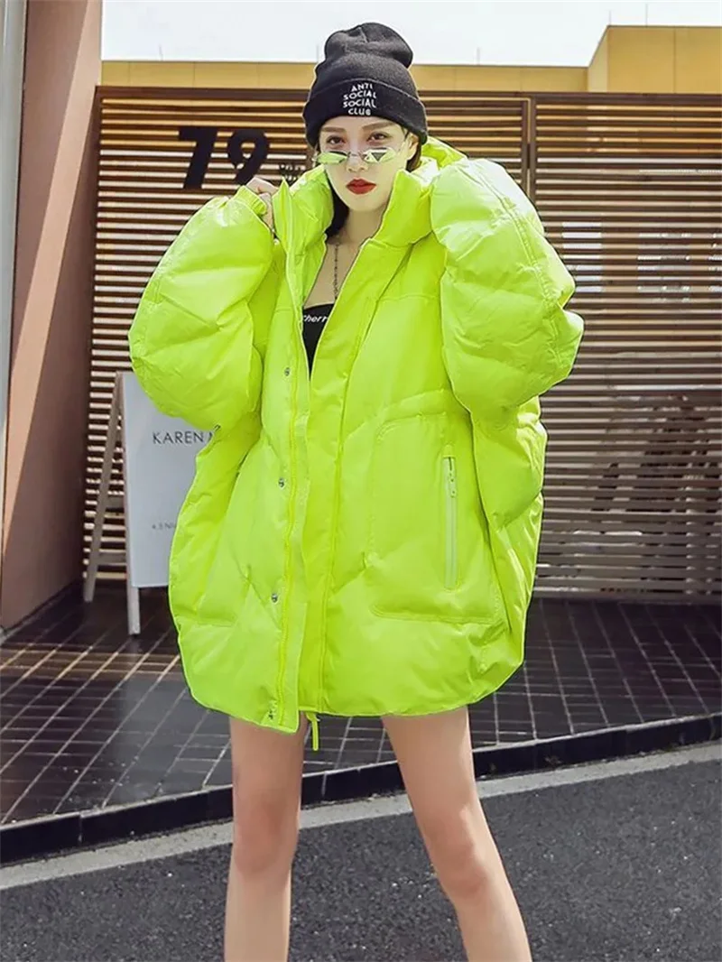 Jaqueta de algodão grosso feminino, roupa de inverno, novo, solto, rechonchudo, MM2-300 libras, jaqueta de pão, monocromático, na moda, W8, 2024