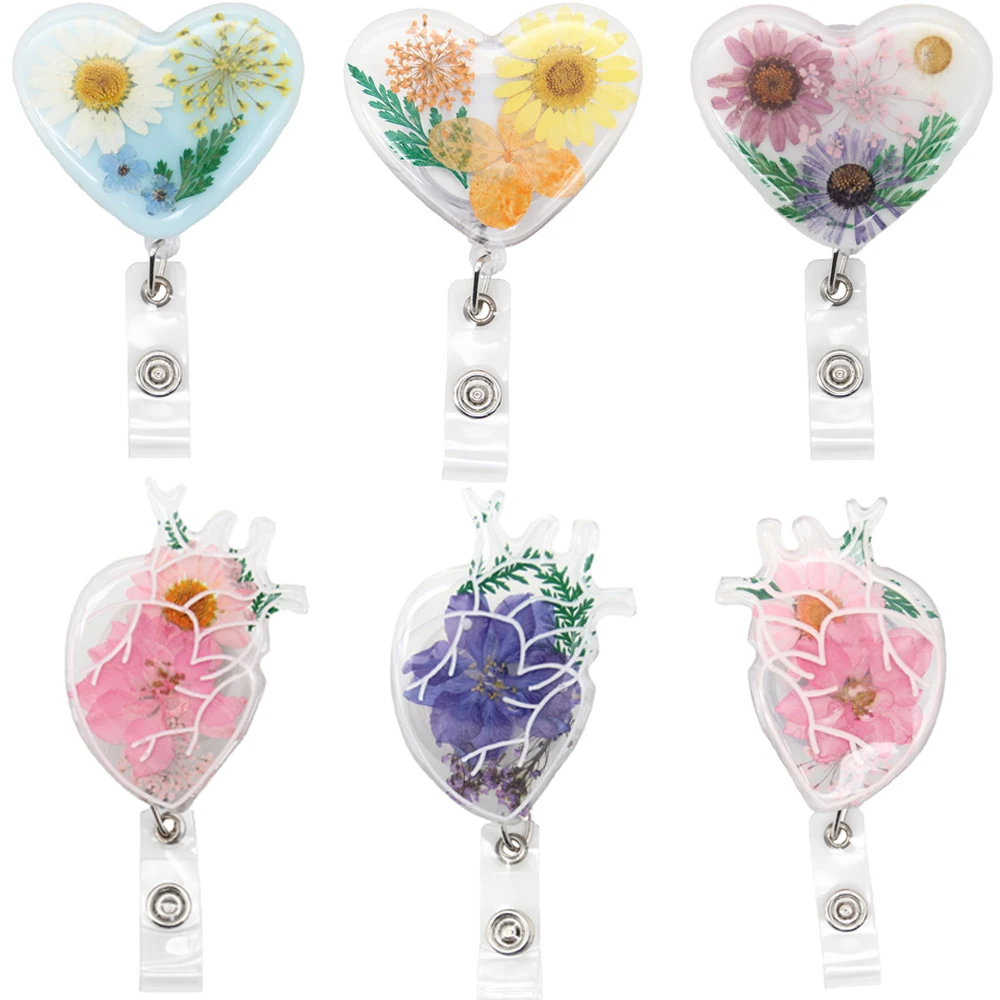 

10 Pcs/Lot Medical Heart Shape Dried Flower Resin Retractable Name Tag Badge Holder For Nurse Doctor Accessories