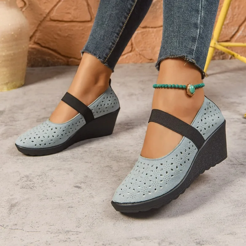 

Модные повседневные туфли на танкетке с неглубоким носком для женщин, весна 2024, новые дышащие удобные туфли-лодочки без шнуровки в стиле ретро