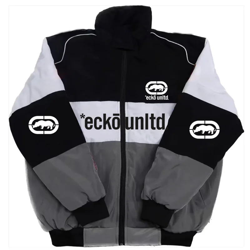 Retro Hip‑Hop Men Thick Warm Winter Coat Ecko Unltd Rhinoceros Graphic Print Three‑Tone Splicing Stand‑Collar Padded Outer J