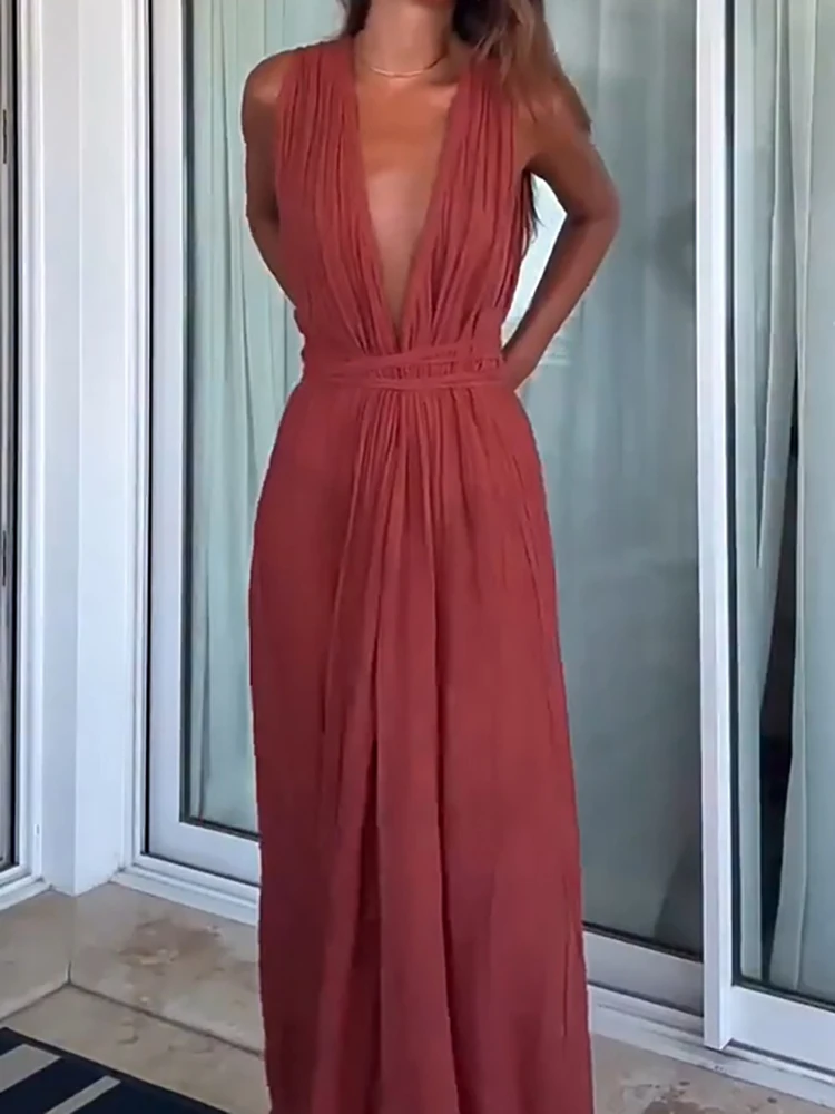 

Casual Pleated Design Beach Rompers Summer Deep V Sleeveless Loose Playsuit Simple Solid Color Lace Up Waist Women's Jumpsuit