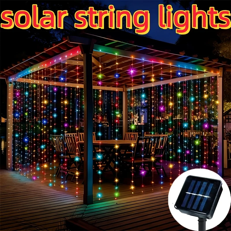 Solar LED Curtain Light Outdoor Summer Solar Fairy String Light Pavilion Garden Party Holiday Christmas Decor Copper Wire Lamps