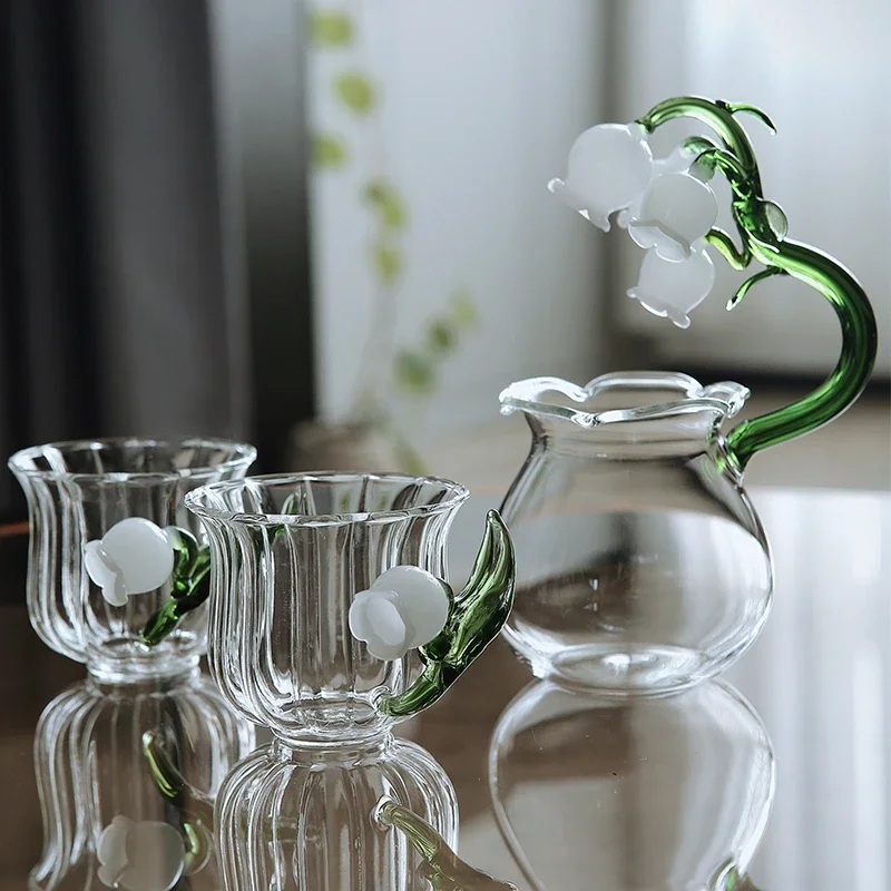 Japanese Creative Glass Cup Goblet Handmade Lily of the Valley Decorative Tea Cup Candlestick Home Drinking Utensils Girl Gift