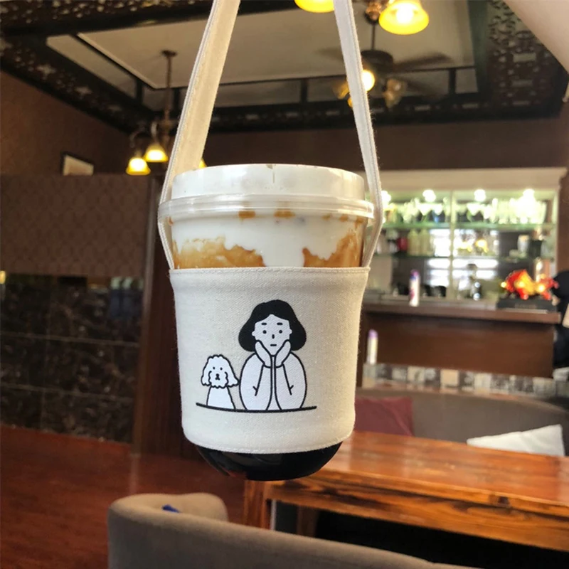 1Pc Portable Water Bottle Holder Carry Bag Coffee Cup Storage Sleeve Cover Canvas Printing Milk Tea Set Drinking Bottle Strap.
