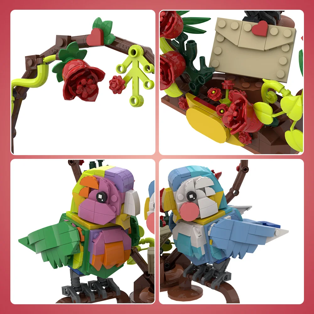 Moc-Parrot Love Building Blocks,ハート型のオウムモデル,クリエイティブキット,レンガの組み立て,女の子のおもちゃ,バレンタインデーのギフト