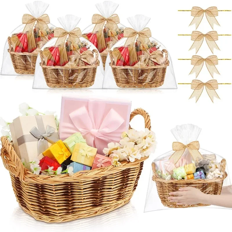 

4 Sets Bulk Wicker Baskets for Gifts with Gift Bags Bow Wicker Flower Basket Woven Stackable Goodies Basket Empty DIY